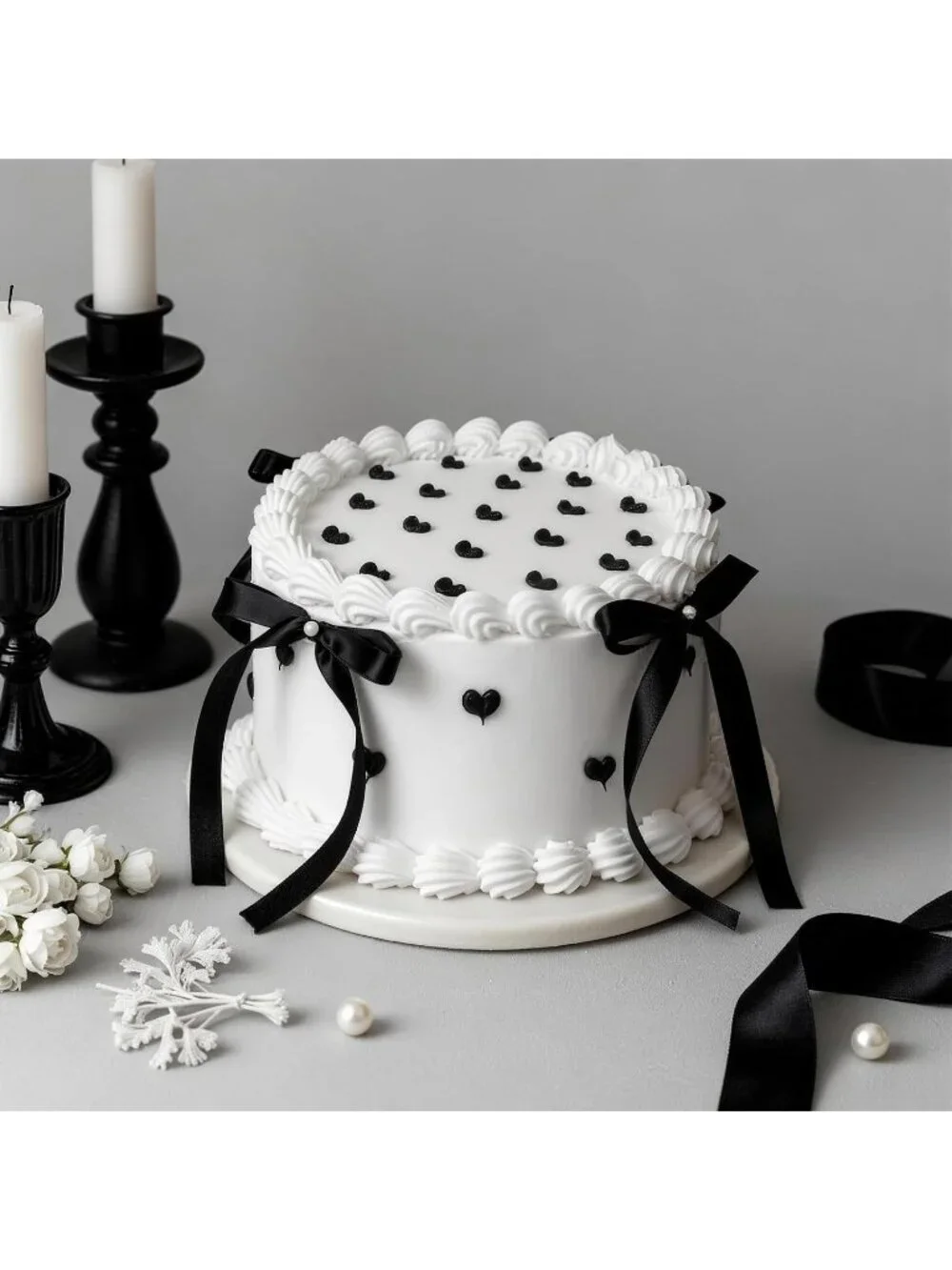 6 Inch Black Bow Fake Round Black and White Cake